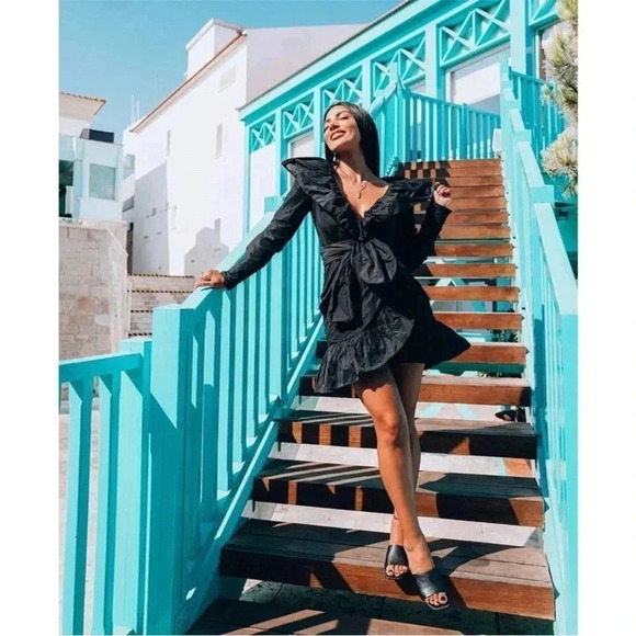 SANDRA MANSOUR X H&M Black Mini Ruffled Wrap Taffeta Dress Long Sleeve XXL - Picture 9 of 14